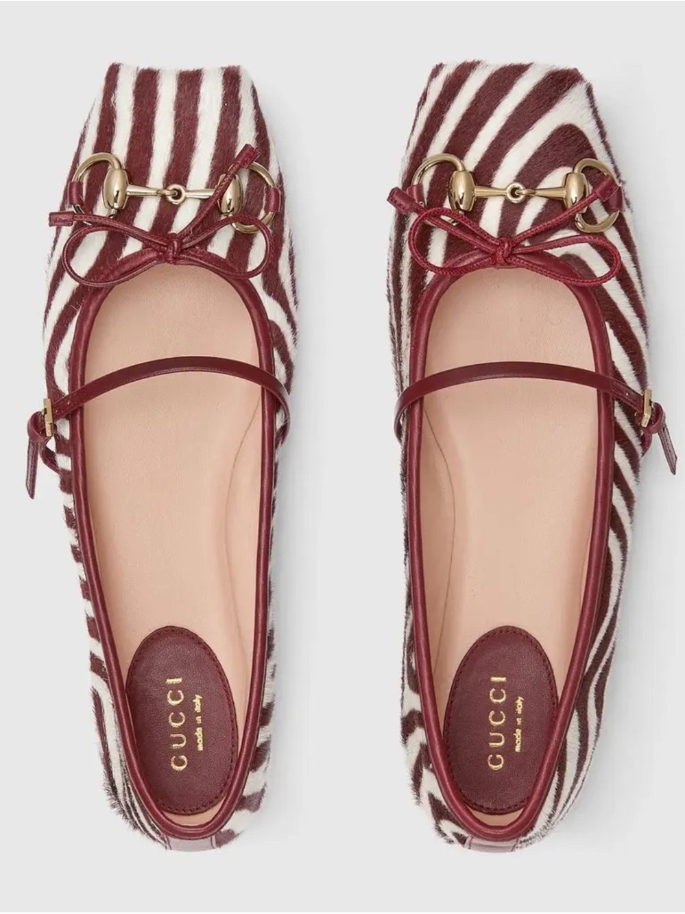 Gucci Burgundy and White Zebra-Print Ballet Flats